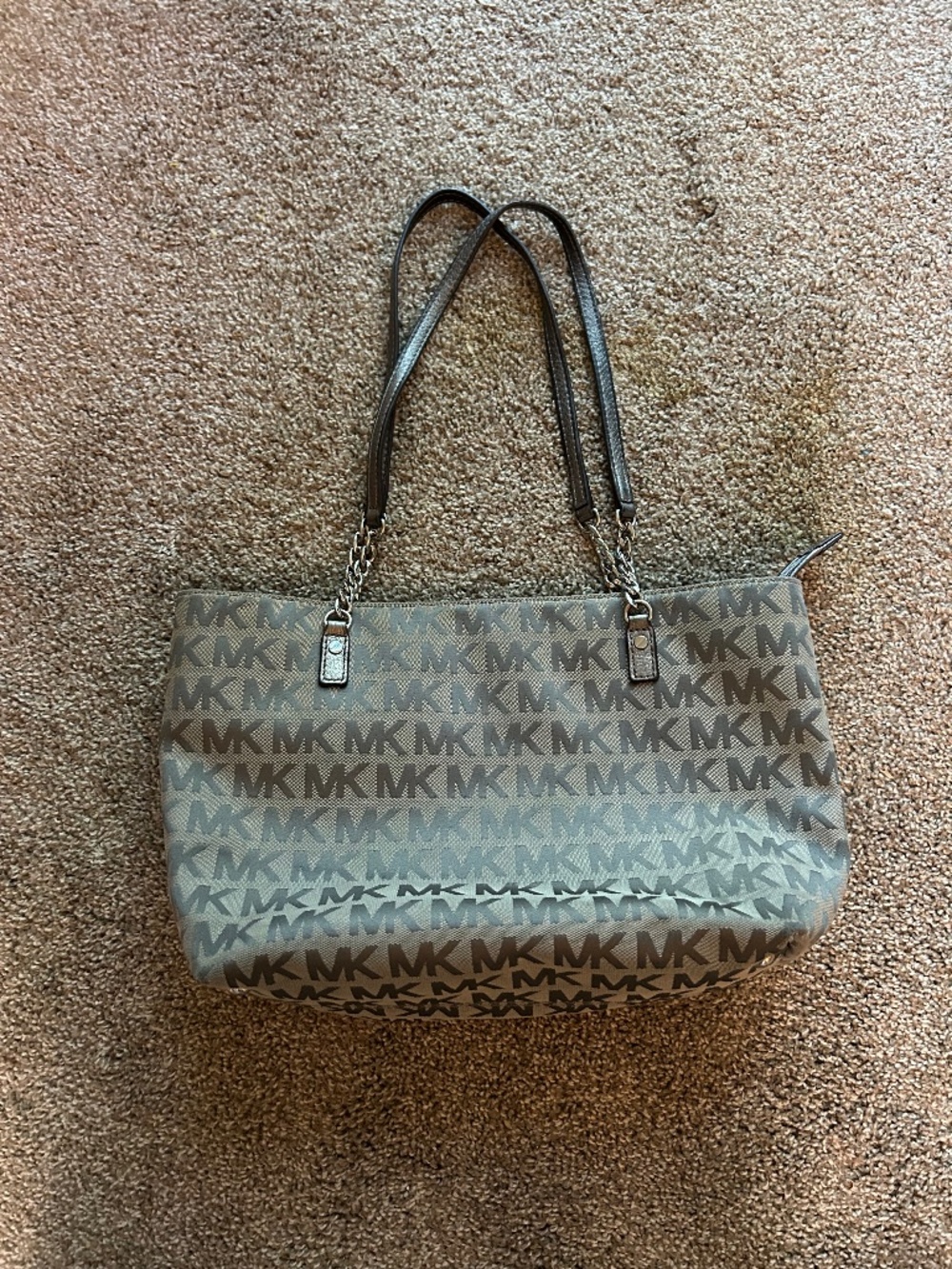 Michael Kors Brown and Tan Monogram Large Tote Bag With Silver Chain Details